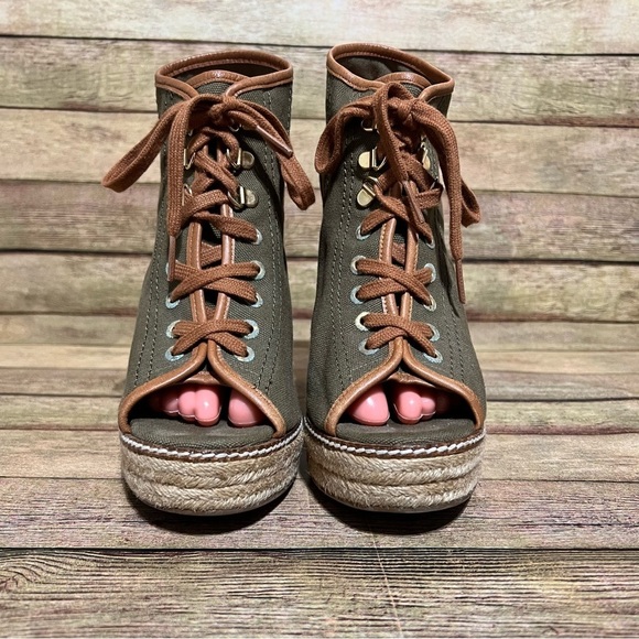Tory Burch Green Canvas Wedge Lace Up Espadrilles - Picture 5 of 9